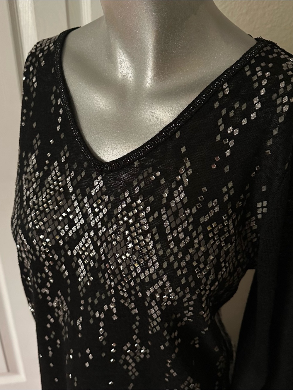 Miss Me Black & Silver Grunge Rhinestone Embellished Long Sleeve Top - Picture 2 of 6